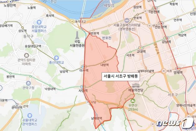 네이버 부동산 지도상 서울 서초구 방배동 위치.